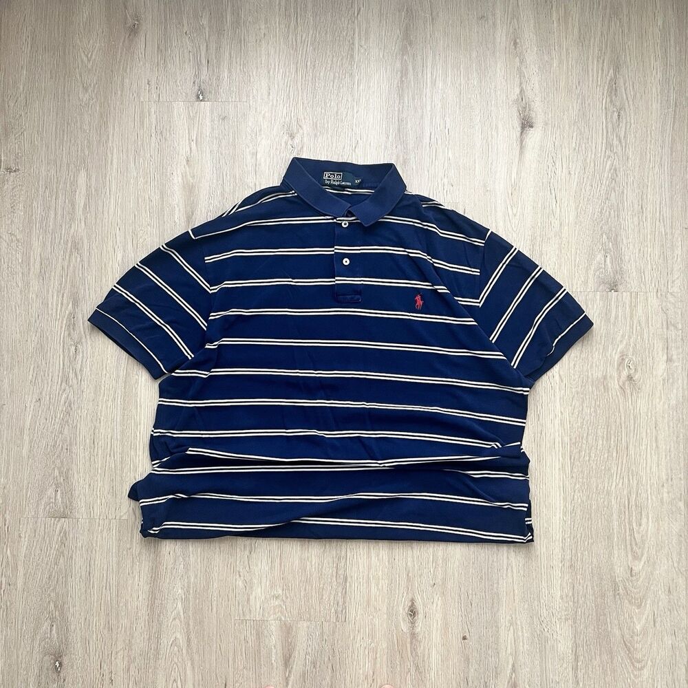 Vintage Polo Ralph Lauren Polo Shirt Mens XXL Blue White Striped Short Sleeve